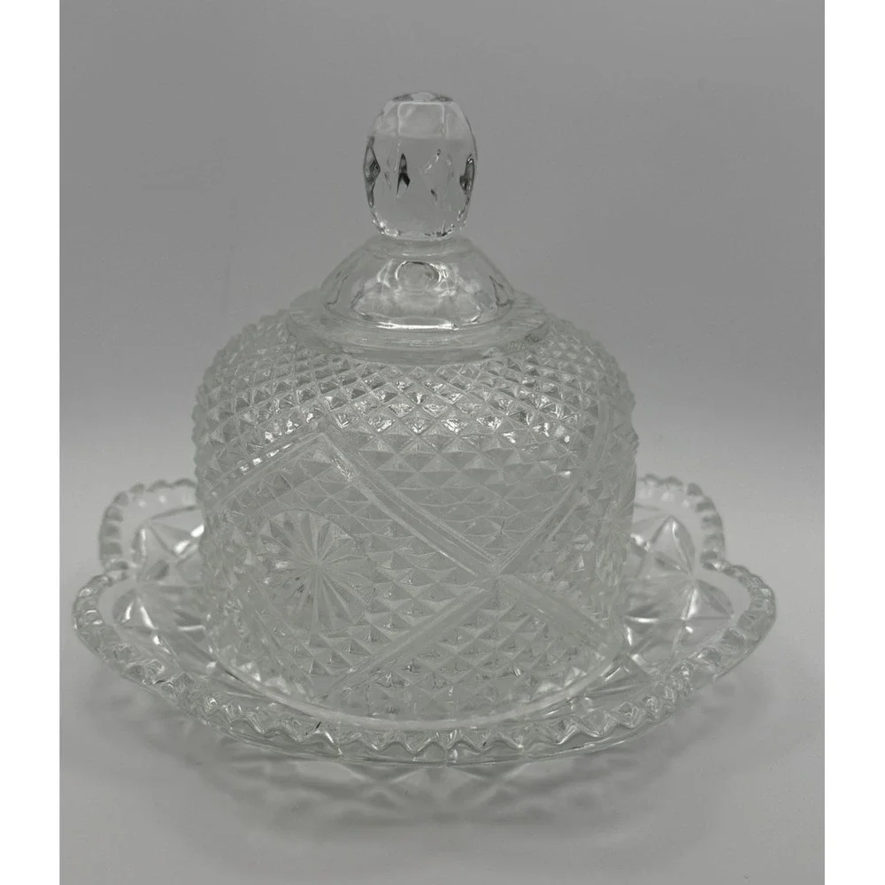 VTG 1973-74 Avon Butter Dish Cheese Ball w/Dome Lid Diamond Pattern Clear Glass